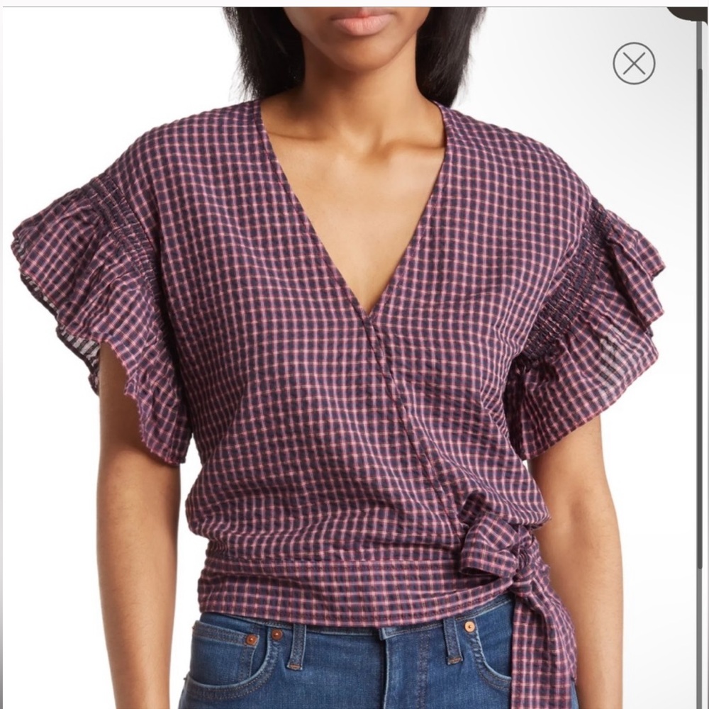 Madewell Purple and Pink Checkered Wrap Top